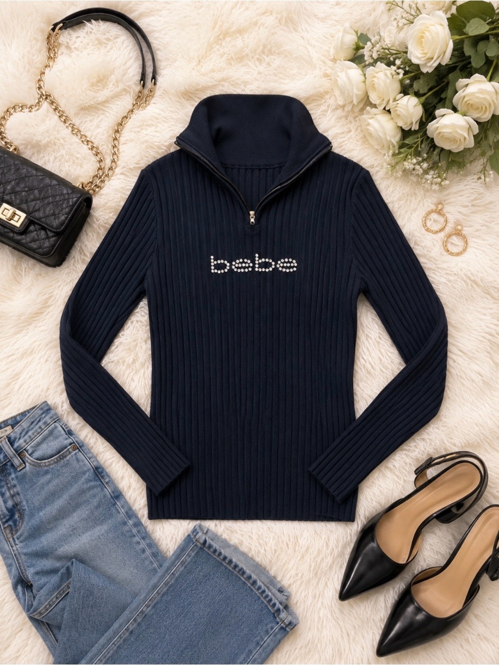 bebe Ribbed Zip-Neck Sweater with Rhinestone Embellished Logo